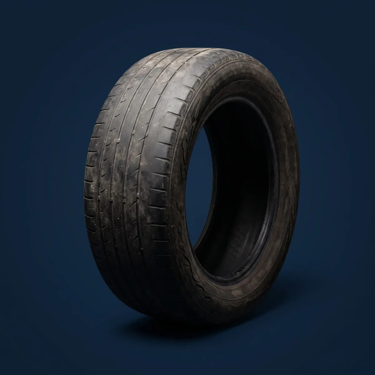 Illustration of a worn, unsafe used tire with balding tread and cracked sidewall